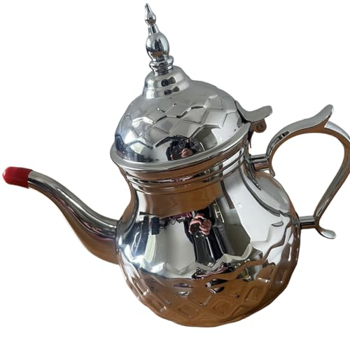 Marokkanischer Teekanne 1,5L Teapot aus Edelstahl traditionelles Modell, Arabische Kanne silberfarbig mit Deckel, Teekocher, Teewärmer & Teebereiter Induktion