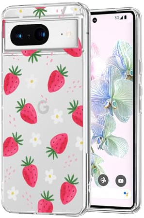 DiyGody Compatible for Google Pixel 7 Case (2022), Cute Strawberry Flowers Pattern for Women Girls Crystal Clear Slim Soft Silicone TPU Bumper Protective Cover Compatible for Pixel 7 6.3