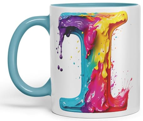 Vixar Letter I Mug, Alphabet Letter I Monogram Watercolour Ceramic Coloured Mug Cup for Tea Coffee Hot Brew 330ml 11Oz Gift (Turquoise)