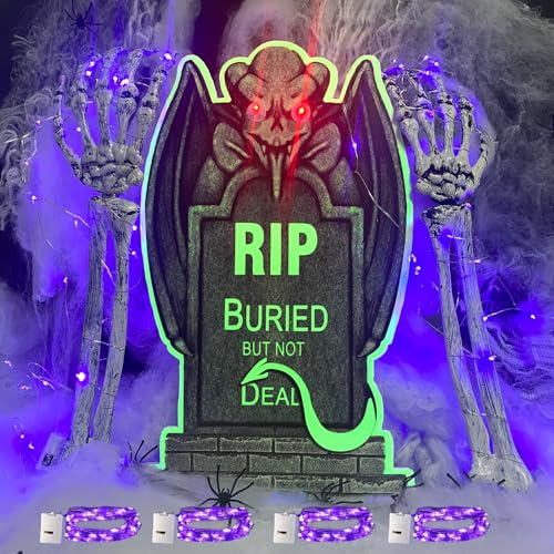 Halloween Deko Gruselig Leuchtend Grabstein Spinnennetz,LED Skelett Hände Set,Halloween Glühendes Grusel Geister Deko Innen und Aussen, für Halloween Party Spukhaus Rasen im Freien Garten