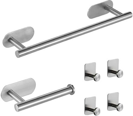 Bathroom Accessory Set, Self Adhesive Towel Rail, Toilet Roll Holder Self Adhesive Toilet Roll Holder - Wall Mounted for Convenient Bathroom Storage, No Drilling, Silver