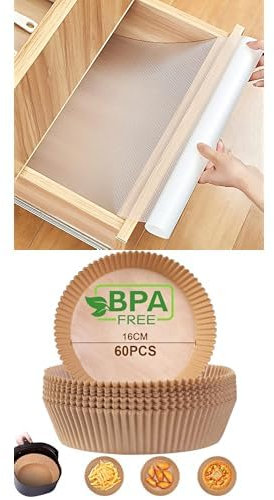Bundle of AiQInu Schubladenmatte(30*400cm) + AiQInu Backpapier für Heißluftfritteuse, 60 Stück 16cm Airfryer Backpapier