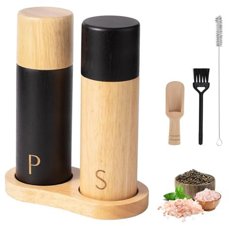 Foyucool Wooden Salt and Pepper Grinder Set with Brush and Spoon, 7 inch Manual Salt and Pepper Mill, Adjustable Coarseness, Refillable Pepper Grinder with Ceramic Core for Kitchen, Wooden Black