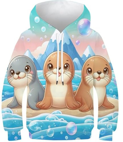 SAFGTXHTR Unisex Bambino Foca Felpe con Cappuccio 3D Stampare Kids Hoodie Manica Lunga Felpe con Cappuccioper con Tasche 6-15 Anni