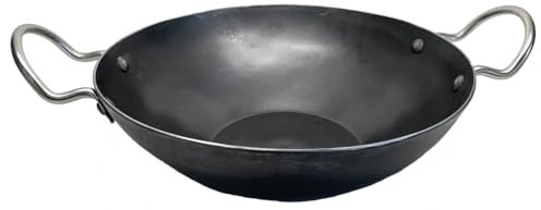 Buckingham Traditional Iron Premium Karahi Cooking Indian Chinese Food Wok Pan Kitchen Tool for Families Multipurpose Hand Hammered Round Bottom Black (26cm)