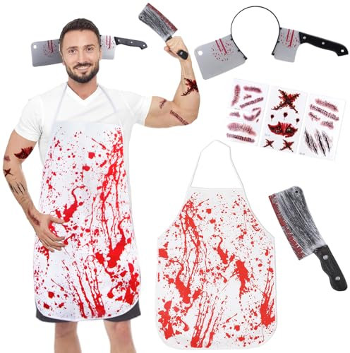 Moiuguli Halloween Costumes for Men, Halloween Apron Mens Butcher Costume Ideas Male - 1 Apron, 2 Butcher Thru Head Toy, 3 Sheets Realistic Tattoo Stickers Outfit for Adult & Teen Chef