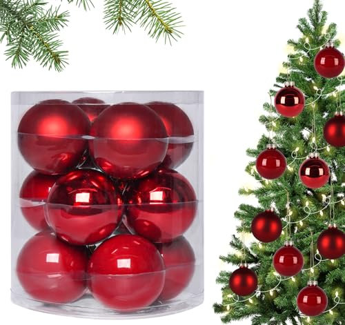 Truevaste Weihnachtskugeln Rot Glas 8CM, Christbaumkugeln mit Glänzende Perlglänzende & Matte, Weihnachtsbaumkugeln für DIY Christbaumschmuck Deco & Festival Party, 12 Stück