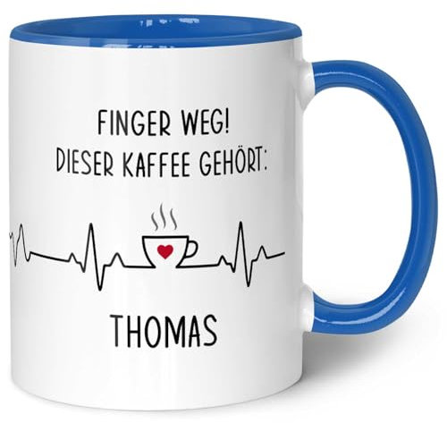 Bedruckte Tasse mit Spruch - Finger Weg! - Personalisiert mit Name - Lustige Geschenke für Arbeitskollegen im Büro Arbeit - Geschenk für Sie & Ihn - Spülmaschinenfest - Blau