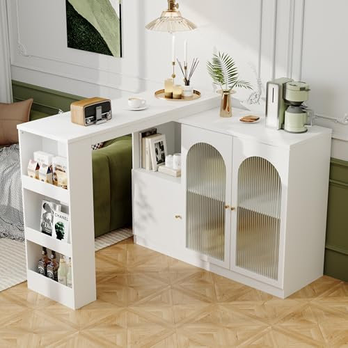 Zepneiy Essbar, 360° drehbar (120 x 40 x 97 cm), Sideboard, einfach und modern, multifunktionales Aufbewahrungsmöbel mit Glastür, Weiß