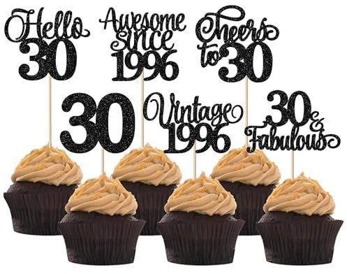 Xsstarmi Cupcake-Topper im Vintage-Stil von 1995, glitzernd, schwarz, Hello 30 Fabulous Thirty Cupcake-Picks, Cheers to 30 Years Birthday Cake Decorations for Happy 30th Birthday Anniversary