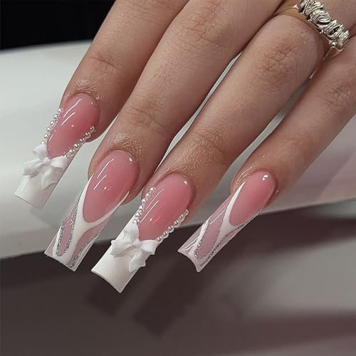 NICENEEDED 24 pièce de Faux Ongles Blancs à Pression French Tip Faux Ongles Longs et Carrés en Forme de Nœud Papillon Colle Brillante sur Les Ongles