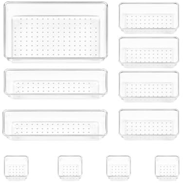 Strehknewen 11 Piezas Organizadores de Cajones de Plástico Transparente – Bandejas Apilables de 4 Tamaños para Maquillaje, Baño, Cocina, Oficina y Tocador