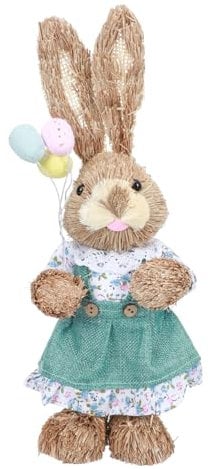 Alipis Colourful Straw Woven Bunny Figurine Handmade Rabbit Craft Easter Garden Ornament Random Style 35cm