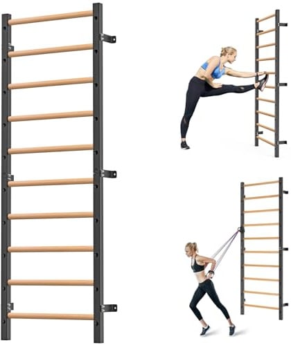 Kipika Barra de gimnasia – Escalera sueca de 2 x 2 pulgadas con agujero de 1 pulgada, entrenador de suspensión de escalera montada en la pared, agarre de madera maciza, barra de entrenamiento de