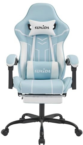 SUKIDA Gaming Stuhl Computerstuhl Ergonomischer Gaming Chair mit Fußstütze Bürostuhl Ergonomischer Computerstuhl mit Lendenwirbelstütze Bluewhite