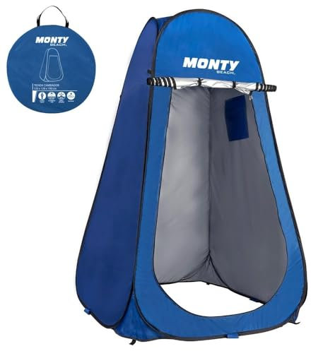 Tienda cambiador playa, camping ducha 1 adulto, 120x190 cm, tienda montaje Pop Up, bolsillo y puerta con cremallera doble, tejido Oxford azul, protección UPF+50 y waterproof, incluye 4 piquetas