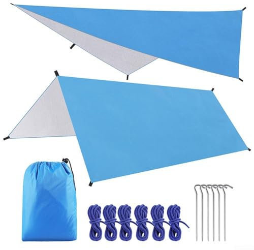 Lona de camping con mosca de lluvia, 3 x 3 m, lona portátil, ligera, impermeable, resistente al viento, cenador de camping, tapete de picnic (azul)