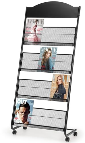 Danluder Floor Standing Magazine Rack Magazine Stand, 4 Pockets Literature Display Stand for Exhibition, School, Shop (Black)