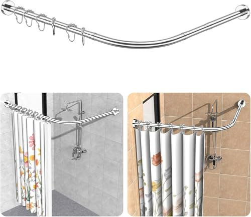 Duschvorhangstange L-Formohne Bohren, Verstellbare Duschstange Ecke [75-105 x 75-105 cm], inkl. 18 Edelstahlring, SUS304 Edelstahl Teleskopstange, Ohne Deckenhalterung für Badewanne & Dusche - Silber