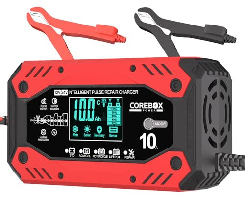 Caricabatterie intelligente per auto, 10 Amp, 12 V/24 V, caricabatterie per auto, manutenzione della batteria, caricabatterie e caricabatteria per auto con compensazione della temperatura per auto