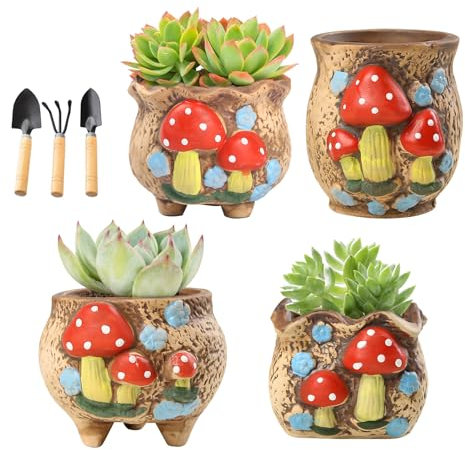 Jardinieres Exterieur, Lot de 4 Pots de Fleurs Colorés en Forme de Champignon Pots en Céramique avec 3 Pelles Pour Une Variété de Petites Plantes y Compris Des Cactus et de La Verdure Artificielle