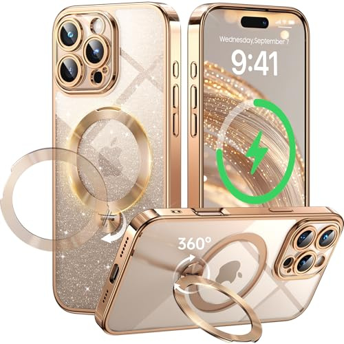 360° Spin CD Stand for iPhone 16 Pro Case Compatible With Magsafe Ring [Never Yellow][DIY Glitter Cardstock] Camera Protection Plating Clear Cute Phone Case for Women Girls 6.3'', Desert Titanium
