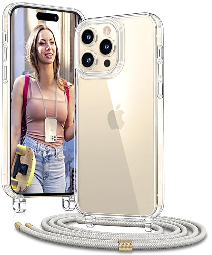 Vaykwo Handykette für iPhone 14 Pro Hülle mit Band, Beige | Necklace Handyhülle, Transparente Case zum Umhängen, Verstellbar und Abnehmbar