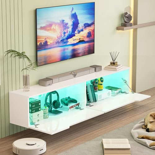 KZNGK Hängender TV-Schrank mit LED-Leuchten, TV-Ständer TV-Konsole Unterhaltungszentrum mit 2 Aufbewahrungsschränken für das Wohnzimmer, 16 Farben können eingestellt Werden, 175 x 32 x 30cm (Weiß)