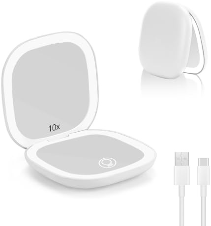 LED Miroir Grossissant, 1X/10X Miroir de Poche Chargement USB, Blanc | 3 Lumières Réglable, Interrupteur Magnétique Pliable de Maquillage,Portable Grossissant de Voyage,Idéal maquillage et voyage