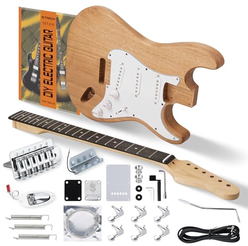 STRICH DIY E-Gitarre Kit, ST-Style Mahagonikorpus & Ahornhals mit SSS-Tonabnehmern, einfach zu montierendes Kit mit allen Teilen - bauen Sie Ihre eigene E-Gitarre