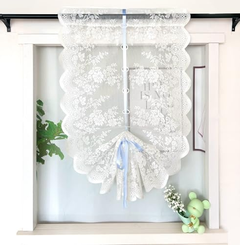Daliena Raffrollo Spitze Küchengardine Blumenmuster Raffgardinen Halbtransparent Bändchenrollo mit Tunnelzug Rollos Kurz Vorhang Kurzstores Gardinen BxH 70x100cm Weiß 1 Stück