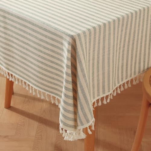 Plenmor Table Cloth Rectangle Stripe Tassels Tablecloth Rectangular Dust-Proof Large Cotton Table Cover for Kitchen Dinning Tabletop Decoration (140cm x 300cm, Green)