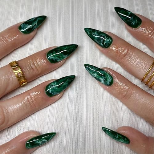 Dermalyx Grüne Press on nails Sur les ongles, Mandel Moyen Vert Marbre Acrylique Fausses Ongles, À Coller Style, Réutilisable Glue Faux Ongles.