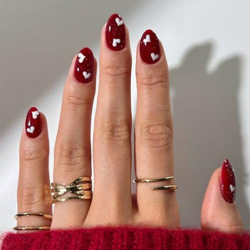 False Nails Short - 24Pcs Cat Eye Almond Wine Red with Heart Fake Nails - Burgundy Stick on Nails Press on Nails - Glossy Solid Colour French Nail Tips with Nail Glue for Women Girls