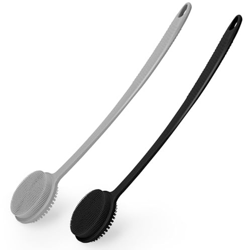 2 Pack Back Scrubbers for Use in Shower, Silicone Body Scrubber Back Washer | Anti Slip Long Handle Bath Brush with Stiff & Soft Bristles, Showering Exfoliator Wet or Dry Brushing for Women, Men, Elderly