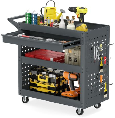 COSTWAY 3-Tier Tool Trolley on Wheels, Lockable Metal Mechanic Tool Cart with Drawer, 2 Pegboards, 8 Hooks & Handle, Rolling Utility Service Trolley for Workshop Garage Kitchen, 210KG Load (Grey)