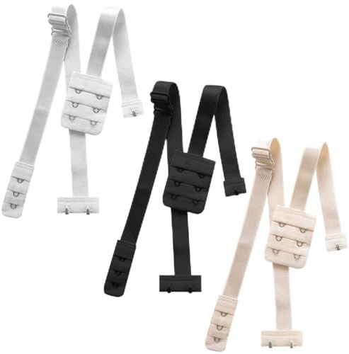 Stamlyn 3 Pairs Low Back Bra Converter Kit, Adjustable Bra Strap Extender | with 2 Hooks, Elastic Backless Bra Extension for Women Wedding Party Evening Dresses (Black, White, Beige)