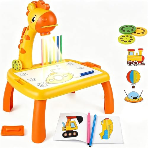 ZVD Tavolo da Disegno per Bambini con Proiettore, Proiettore Interattivo per Disegno, Disegnare con la Luce, Set di Giochi di Disegno per Tavolo da Disegno Giocattolo con 24 Motivi per Regali (Giallo)