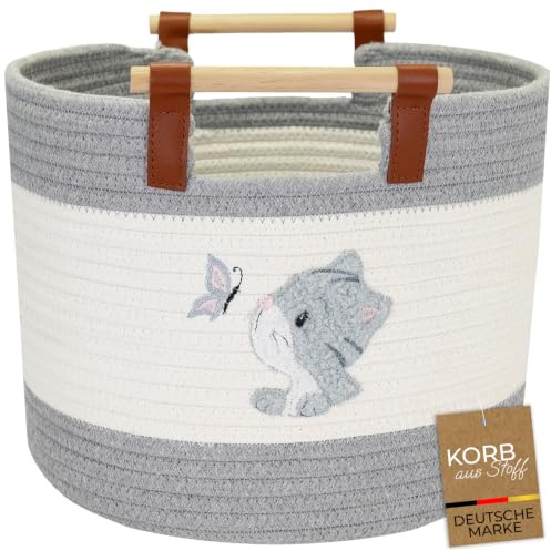 HMF Aufbewahrungskorb mit Holzgriffen, runder Korb aus Baumwolle für Kinderzimmer oder Babyzimmer | Katze | 30 x 30 x 24 cm