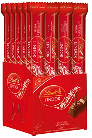 Lindt Schokolade LINDOR Vollmilch Schokoladen-Sticks | 24 x 38 g Schokoladenriegel | Mit zartschmelzender Vollmilch-Schokoladenfüllung | Pralinen-Geschenk | Schokoladen-Geschenk | Großpackung