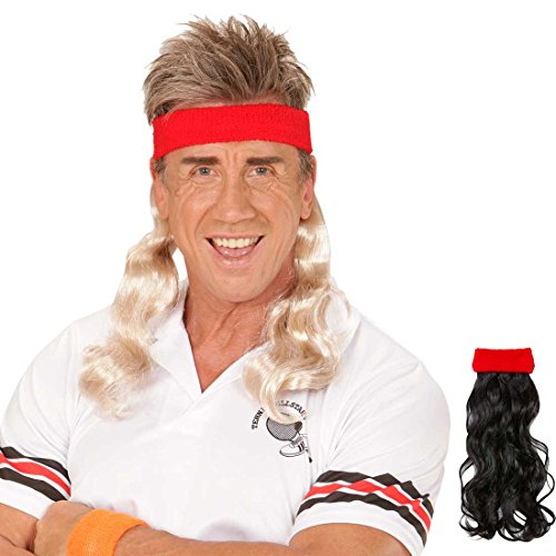 Amakando 80er Vokuhila Stirnband rotes Haarband mit Haarteil blond Proll Klapsband Prolet Haarteil Sportler Frisur Kostüm Zubehör Mottoparty Accessoire