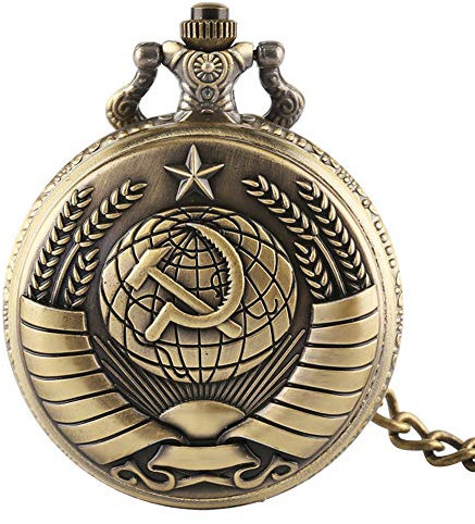 Orologio da taschino da uomo, motivo: comunismo, con stella, in bronzo, al quarzo, con catena, regalo da uomo per Natale