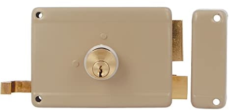 Amig - Serratura a Soprapponere Destra con leva di Chiusura, Linguetta e Maniglia per Porte in Legno Mod. 78 | 120 x 85 mm | Chiavistello con Cilindro Rotondo a Dente di Sega | Acciaio Beige
