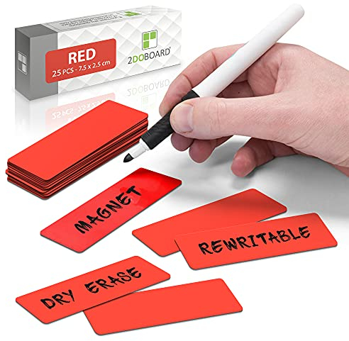 2DOBOARD Magnetstreifen beschreibbar - 7,5 cm x 2,5 cm Rot - 25 Stück - Magnetschilder zum beschriften – Für Kühlschrank, Whiteboard & Tafel - Magnetetiketten