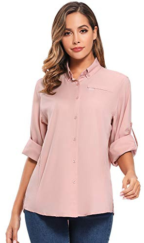 Womens Sun Protection Safari Shirts UPF 50+ UV Long Sleeve Outdoor Quick Dry Fishing Hiking Shirts (5024 Pink S)