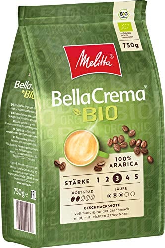 Melitta BellaCrema Bio Ganze Kaffee-Bohnen, ungemahlen, Kaffeebohnen für Kaffee-Vollautomat, milde Röstung, geröstet in Deutschland, Stärke 3, 750g