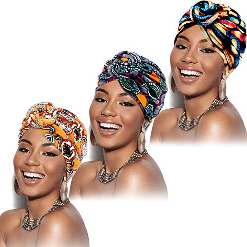 SATINIOR 3 Stücke Afrikanischen Turban für Damen Knoten Pre-Gebunden Motorhaube Hut Kopfbedeckung (Gelbe Blume, Schwarze Blume, Lila Blume)