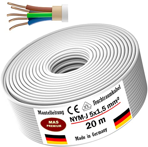 Cavo di alimentazione per ambienti umidi da 5, 10, 15, 20, 25, 30, 35, 40, 50, 60, 70, 75, 80, 90 o 100 m, NYM-J 5 x 1,5 mm², cavo rivestito, cavo elettrico ad anello per installazione fissa (20 m)