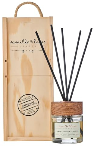 Vanilla Blanc Geschenkset aus natürlichem Schilfdiffusor und Kerze in handgefertigter Holzkiste (Zitronengras & Eukalyptus Tauchgänge)
