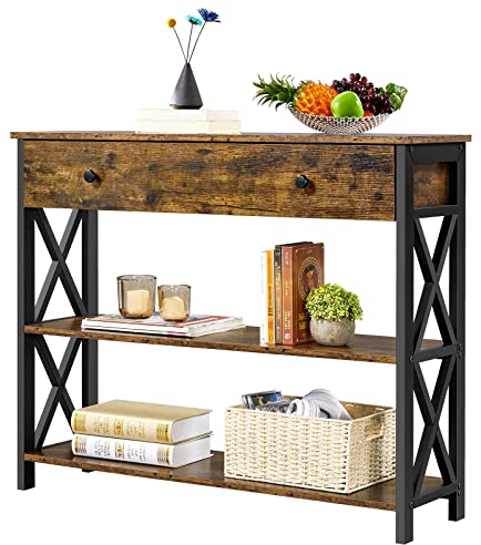 Yaheetech Industrial Console Table with Drawer Metal Frame, Vintage Sofa Table with 2 Open Shelves for Living Room, Hallway, Bedroom, 100x29.5x81cm, Rustic Brown
